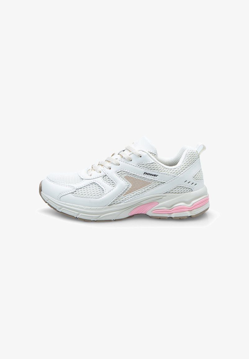 White athletic shoe with mesh upper, pink and gray accents, padded collar, and textured sole for enhanced grip and comfort.