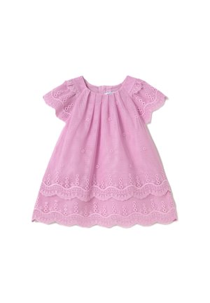 Abito in cotone rosa a maniche corte con dettagli ricamati, orlo ondulato e tessuto leggero e strutturato. Collo rotondo e corpetto arricciato.