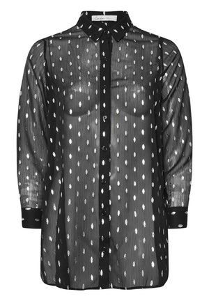Czarna prześwitująca bluzka z srebrnymi liściastymi wzorami, z przodu na guziki, z kołnierzykiem i długimi rękawami zakończonymi czarnymi mankietami.