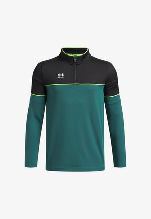 Turquoise lange mouwen sporttop met zwarte accenten, halve rits en limoengroene rand. Voorzien van het Under Armour-logo op de borst.