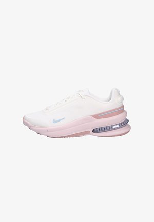 Nike-Sneaker mit einem weißen Mesh-Obermaterial, sanften rosa Akzenten, durchsichtiger Luftpolsterung und einem hellblauen Swoosh-Logo.