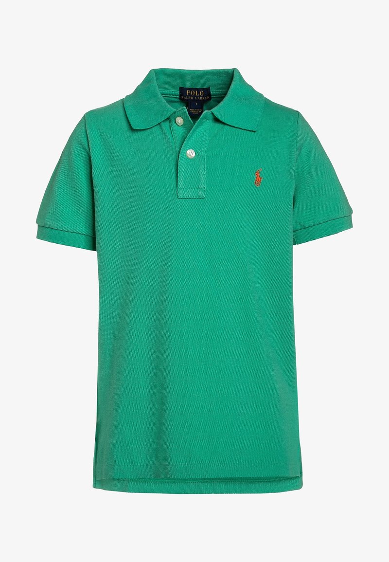 Vihreä polo-paita, joka on valmistettu teksturoidusta puuvillasta. Siinä on klassinen kaulus ja lyhyet hihat. Rinnassa on pieni punainen brodeerattu logo.