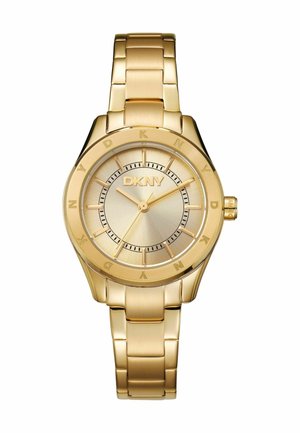 Goldenes Metallarmbanduhr mit rundem Gehäuse, gebürstetem goldenen Zifferblatt und goldenem Gliederarmband. Verfügt über eine strukturierte Mitte und das DKNY-Logo auf dem Zifferblatt.