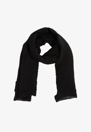 Bufanda negra de textura acanalada con sutiles destellos brillantes, dispuesta en bucle de forma suelta sobre un fondo blanco.
