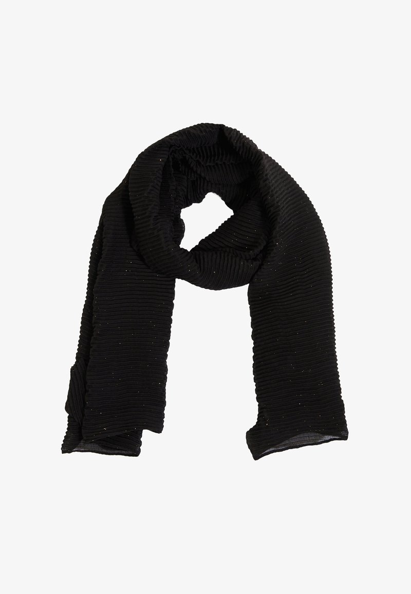 Bufanda negra de textura acanalada con sutiles destellos brillantes, dispuesta en bucle de forma suelta sobre un fondo blanco.