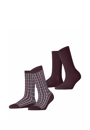 Zwei Paar knielange Socken, ein Paar einfarbig dunkelviolett und ein Paar mit pink-blauem Hahnentrittmuster mit dunkelvioletten Zehen und Bündchen.