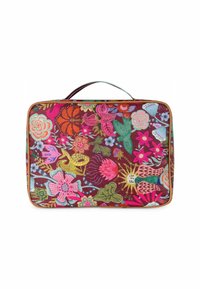 Bolso con un patrón floral colorido sobre un fondo marrón, que presenta varias flores, hojas y pájaros. Forma rectangular con un asa.