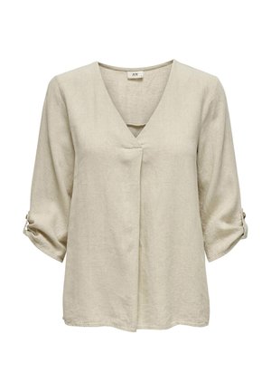 Camisa de lino de color beige claro con escote en V, mangas de tres cuartos abotonadas en los puños y un corte relajado. Tejido texturizado con un sutil brillo.