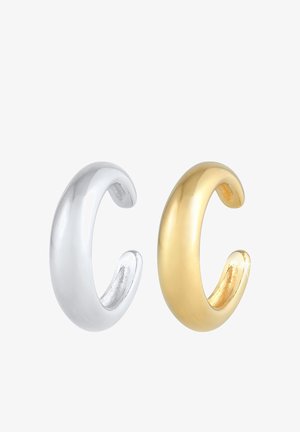 Srebrne i złote kolczyki w kształcie obręczy, gładki, zaokrąglony design, lekko grube, lustrzana powierzchnia, z otwartą przerwą dla łatwego zakupu.