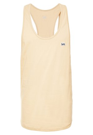 Canotta giallo chiaro in tessuto morbido, con scollo a U, design a schiena scoperta e piccolo logo "Lee" blu navy sul petto.