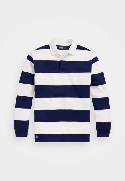 Polo majica s dugimi rukavi v mornarsko modri in beli črti, z klasičnim ovratnikom, trojnim gumbom in vezenim logotipom na robu.