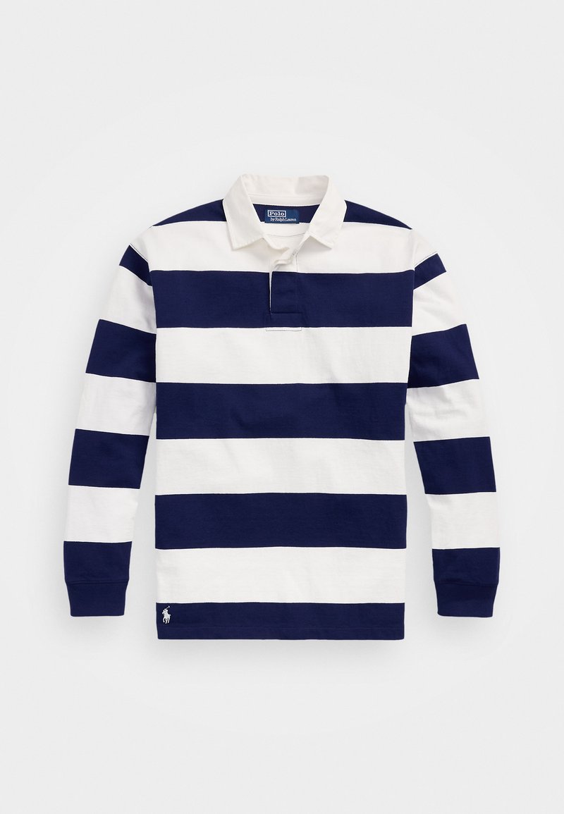 Langermet polo-skjorte i marineblå og hvite striper, med klassisk krage, tre-knapps plissé og brodert logo på sømmen.