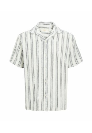 Chemise blanche à manches courtes avec boutons, rayures verticales noires et col évasé, présentée sur un fond blanc.