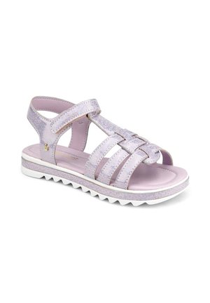 Dziecięca sandałka w kolorze bzu z regulowanym paskiem, plecionymi przednimi paskami, wyściełaną wkładką i białą, żłobioną podeszwą.