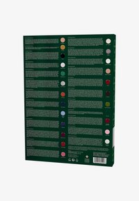 Un emballage montrant une liste de couleurs avec des points correspondants. Fond vert, texte blanc et échantillons de couleurs ronds affichés verticalement.