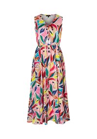 Ärmelloses, knielanges Kleid mit einem lebhaften Blumenmuster in pinken, grünen, blauen und gelben Farbtönen; verfügt über einen gebundenen Halsausschnitt und einen elastischen Bund.