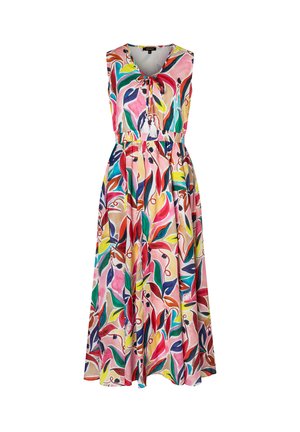 Mouwloze, knielange jurk in een levendig bloemenpatroon met roze, groene, blauwe en gele tinten; heeft een gestrikt decolleté en een elastische taille.