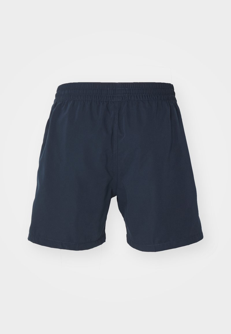 Marineblauwe zwembroek van gladde stof; elastische tailleband; losse pasvorm met zijnahten; zonder patronen of extra accenten.