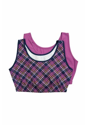 Dos tops cortos sin mangas, uno liso morado y otro con cuadros morados, azul marino y amarillos con ribete azul marino, superpuestos sobre un fondo blanco.