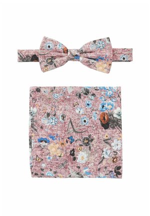 Floral-Schleife und Einstecktuch-Set, das einen pinkfarbenen strukturierten Hintergrund mit bunten Blumenmustern zeigt. Aus Stoff gefertigt.