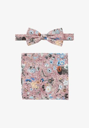 Floral-Schleife und Einstecktuch-Set, das einen pinkfarbenen strukturierten Hintergrund mit bunten Blumenmustern zeigt. Aus Stoff gefertigt.