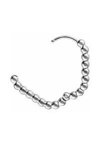 Silberne Creolen mit einer Reihe von runden Perlen entlang der Biegung, glatte Oberfläche und einem einzigen Befestigungspunkt.