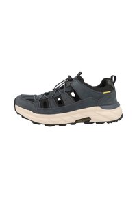 Męskie ciemnoniebieskie buty sportowe z oddychającą siateczką, elastycznymi sznurówkami, wyściełaną podeszwą oraz wyraźną czarną gumową podeszwą.