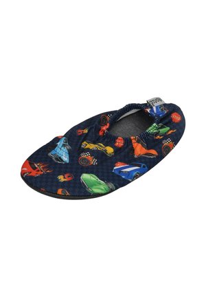 Soft navy blue children's slipper with elastic opening, decorated with colorful racing cars and stop signs pattern.