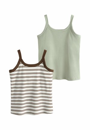 Two ribbed knit tank tops, one solid light green and one white with brown horizontal stripes and brown trim.