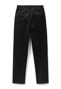 Pantalons en velours côtelé noir avec une coupe droite, dotés de deux poches arrière et d'un tissu texturé pour plus de profondeur.