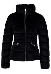 Doudoune noire avec un col montant, des zips métalliques et une texture douce en peluche. Elle présente un design matelassé et deux poches avant.