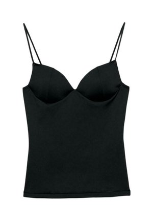 Caraco noir ajusté avec bonnets rembourrés intégrés et fines bretelles spaghetti doubles, conçu pour une silhouette élégante.