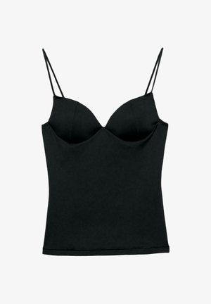 Caraco noir ajusté avec bonnets rembourrés intégrés et fines bretelles spaghetti doubles, conçu pour une silhouette élégante.