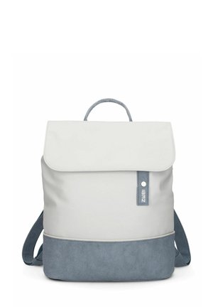 Light gray backpack with a smooth top section and textured blue lower section. Features a flap closure and adjustable straps.