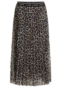 Kangasmidihame, jossa on ruskeamustaa leopardikuosia ja musta vyötärö, jossa on toistuvaa valkoista "LOVE"-tekstiä.