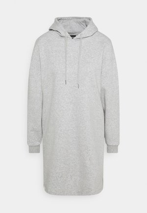 Lysegrå lang hættetrøjekjole med snor i hætten, lange ærmer, ribbede manchetter og lige kant.