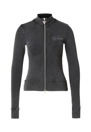 Czarna bluza na suwak z wysokim kołnierzem, ściągaczami na rękawach i dopasowanym krojem. Posiada dekoracyjne przeszycia i srebrzysty zamek błyskawiczny.