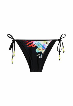 Bas de bikini noir avec imprimé coloré d'oiseaux et de fleurs, liens latéraux ornés de perles pastel jaunes et roses à chaque extrémité.