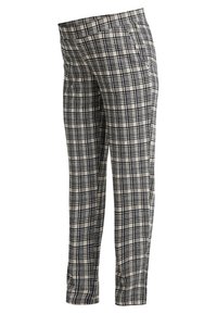 Rutiga byxor med en blandning av svarta och beige nyanser, rak bendesign, två sidofickor och en mjuk tygstruktur.