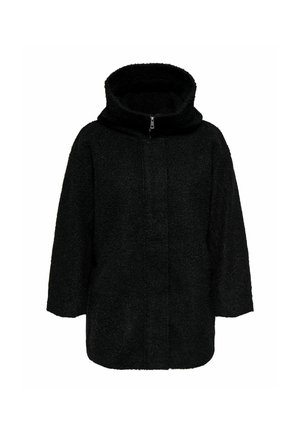 Svart fleecejacka med huva, med dragkedja fram, lös passform och texturerad tyg. Ärmarna är vida och sträcker sig till mitt på armen.