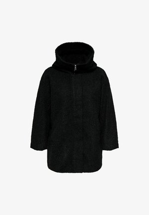 Mustatoon fleece-jope, mille on kapuuts, eese on lukuga esikülg, lahtine lõige ja tekstuurne kude. Varrukad on laiad ja ulatuvad keskmise käe pikkuseni.