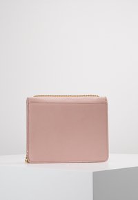 Borsa a mano rettangolare in pelle rosa pallido con tracolla in catena dorata, poggiata su un piedistallo bianco contro uno sfondo chiaro e neutro.