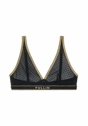 Bralette en maille noire transparente avec petits pois, bordure dorée aux bretelles et à la bande, et nom de la marque "PULLIN" sur la bande avant.