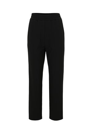 Pantaloni neri elasticizzati con vita elastica, design a gamba dritta, texture liscia e senza tasche o embellimenti visibili.