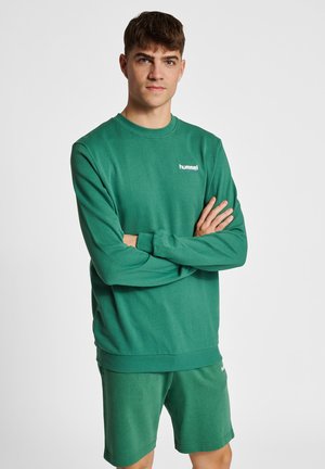 Grüner Sweatshirt mit Rundhalsausschnitt und langen Ä rmeln. Verfügt über ein weißes Logo auf der Brust. Ge kombiniert mit passenden grünen Shorts. Baumwollenmaterial.