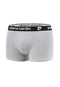 Boxers en coton gris avec une taille noire arborant le nom de la marque "pierre cardin" en lettres blanches. Texture lisse, design ajusté.