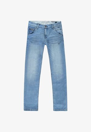 Lichtblauwe denim jeans met een rechte pasvorm, vijf zakken, subtiele vervaging en contrasterende stiksels. Merkl logo op de voorzak.