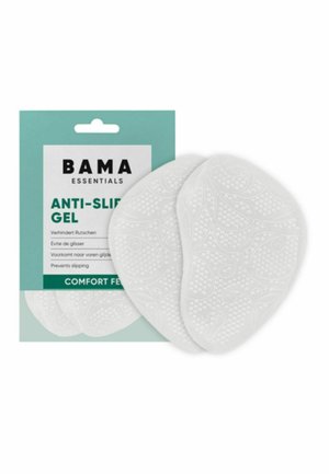 Zwei transparente, ovale Anti-Rutsch-Gelpads mit strukturierten Mustern, neben der BAMA Essentials Verpackung dargestellt.