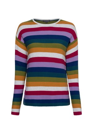 Gestreifter Pullover mit horizontalen Bändern in verschiedenen Farben: Rosa, Lila, Blau, Grün, Orange, Gelb und Weiß; gerippte Textur, Rundhalsausschnitt.