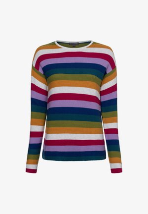 Gestreifter Pullover mit horizontalen Bändern in verschiedenen Farben: Rosa, Lila, Blau, Grün, Orange, Gelb und Weiß; gerippte Textur, Rundhalsausschnitt.